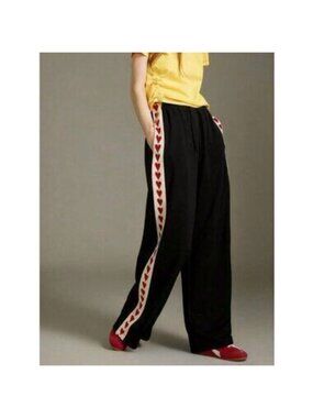 Black Preppy Women's High Waist Wide Leg Drawstring Sweatpants with Heart Belt